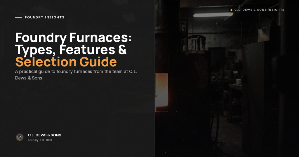 Split-screen image with text about foundry furnaces on the left and a dimly lit industrial foundry scene with a glowing furnace on the right. Title reads “Foundry Furnaces: Types, Features & Selection Guide.”.