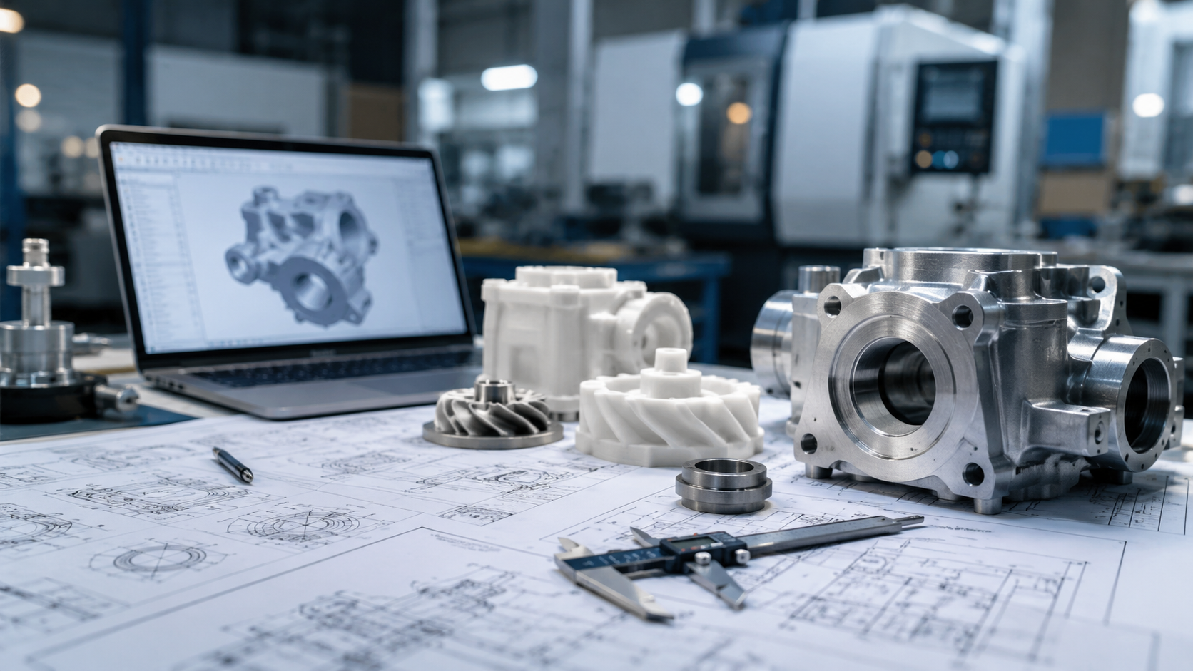 Machined metal components, CAD models and precision tools used to fulfill prototyping needs in an industrial workshop
