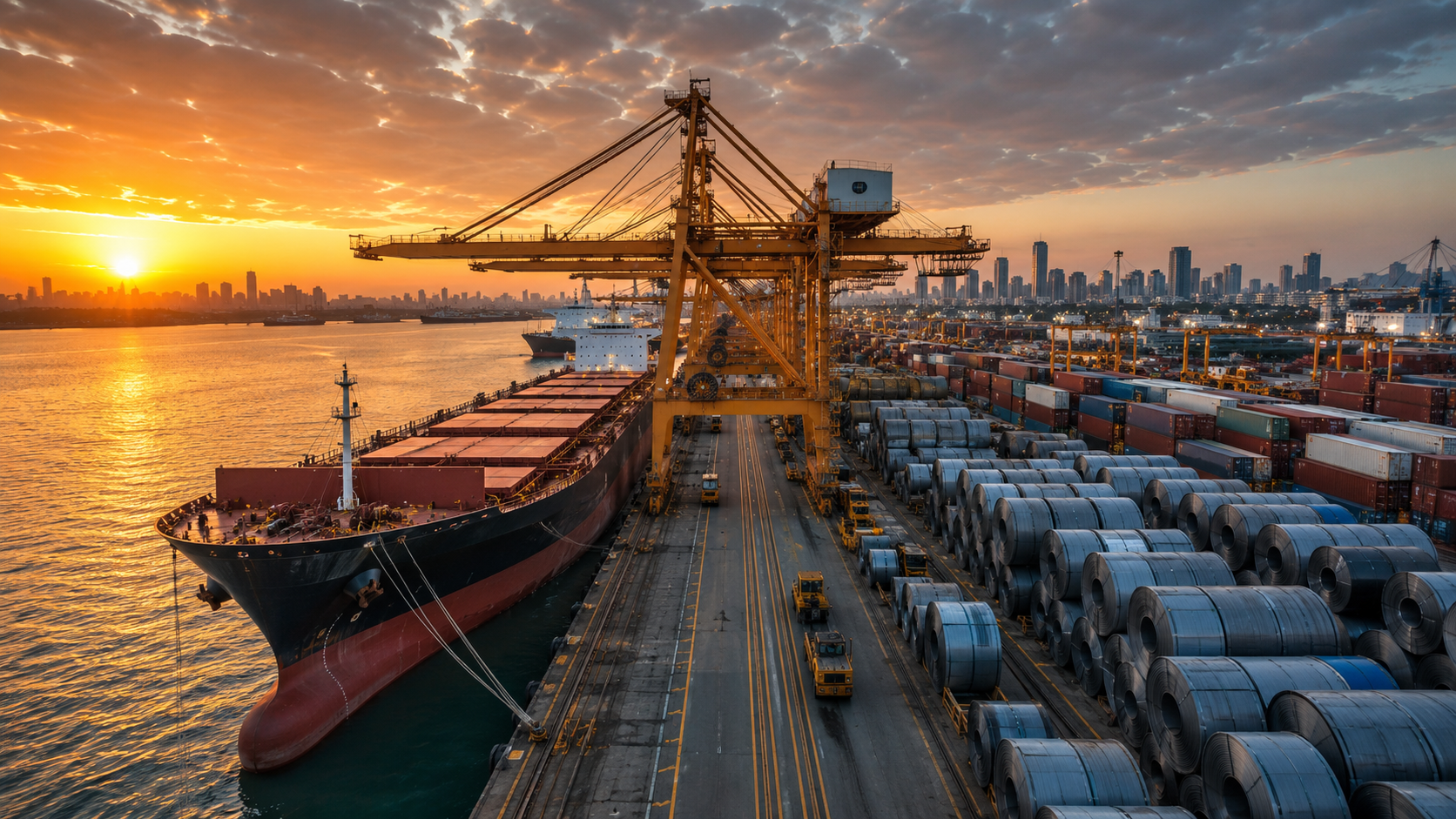 Aerial view of global steel supply chains at a busy port, with a cargo ship, cranes, shipping containers and rows of steel coils at sunset.