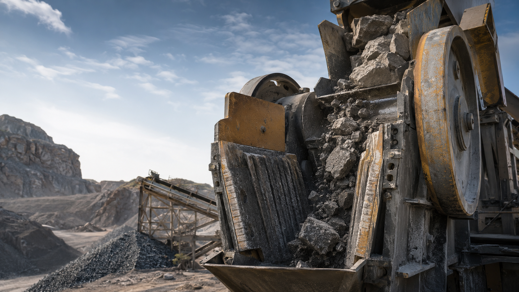 Jaw crusher wear parts crushing large rocks at an active quarry site.
