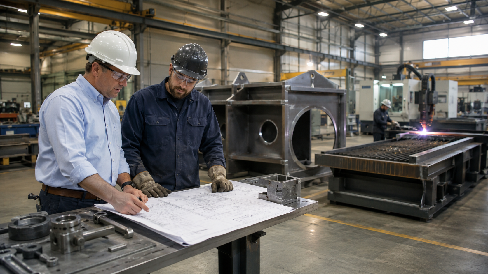 Two manufacturing professionals review technical drawings inside a fabrication facility while outsourcing metal fabrication work to reduce production bottlenecks.