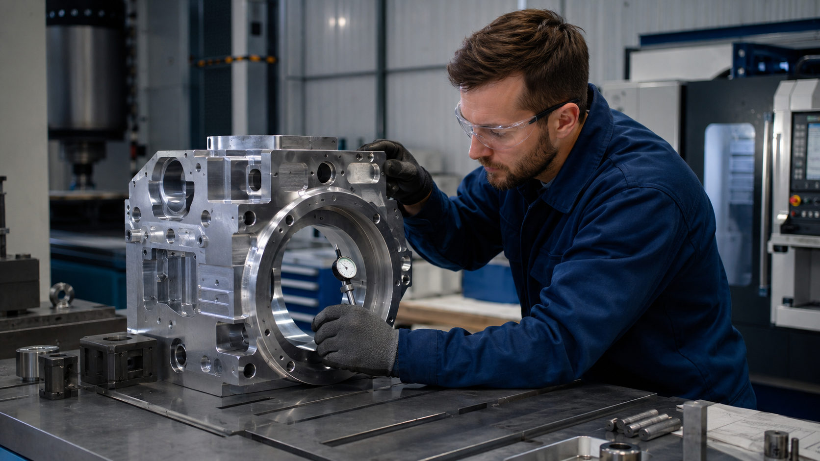 Machinist inspecting a large metal component as part of precision CNC machining services in an industrial workshop.