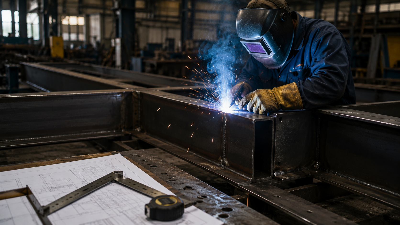 Welder assembling a structural steel frame in a fabrication workshop, highlighting how proper drawings, measurements, and welding controls help prevent steel fabrication mistakes.