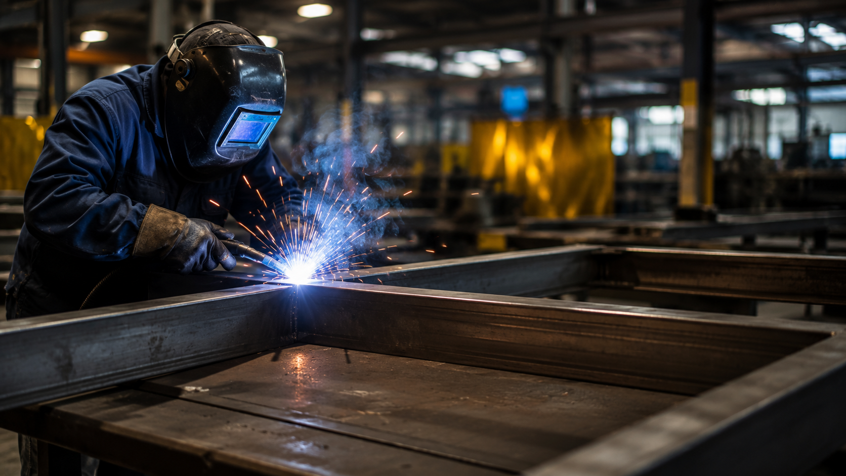 What does a steel fabricator do? A steel fabricator welds a large steel frame inside an industrial workshop