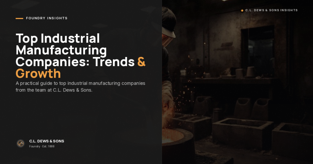 A worker in a foundry pours molten metal into a mold. The left side displays text about industrial manufacturing trends and growth by C.L. Dews & Sons. The setting is dark, highlighting the glowing metal.
